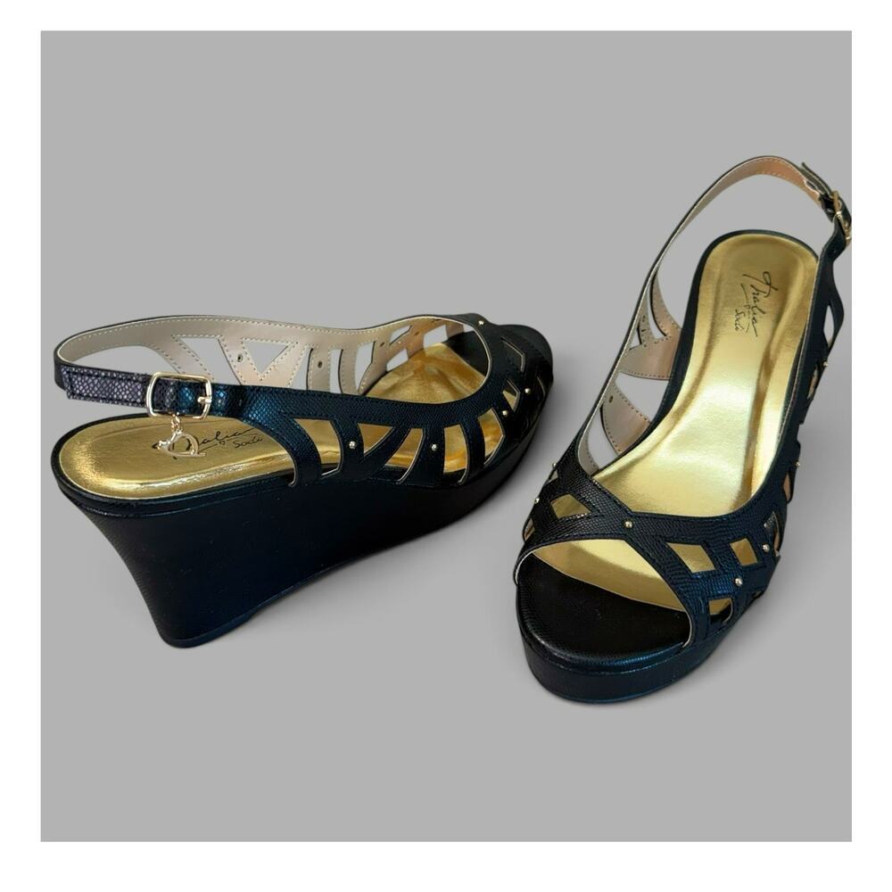 Thalia Sodi Black Womens 8.5 Platform Heel Wedge Sandals Faux Leather Open Toe